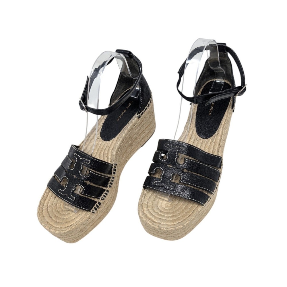 Tory Burch Ines Espadrille Wedge Sandals Black Leather Logo Size 8